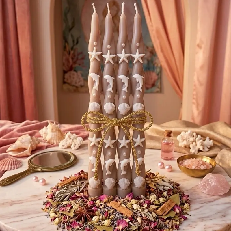 Sea Shell Candles with Shells & Ocean Friends - Muave-Tan Wax Candles with Seashells, Pearls, Ocean Critters, and Herbal Accents - Decorative Home Decor
