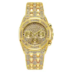 Gold dial, 3 small chronograph dials, gold round bezel, gold strap, diamond-set watch.