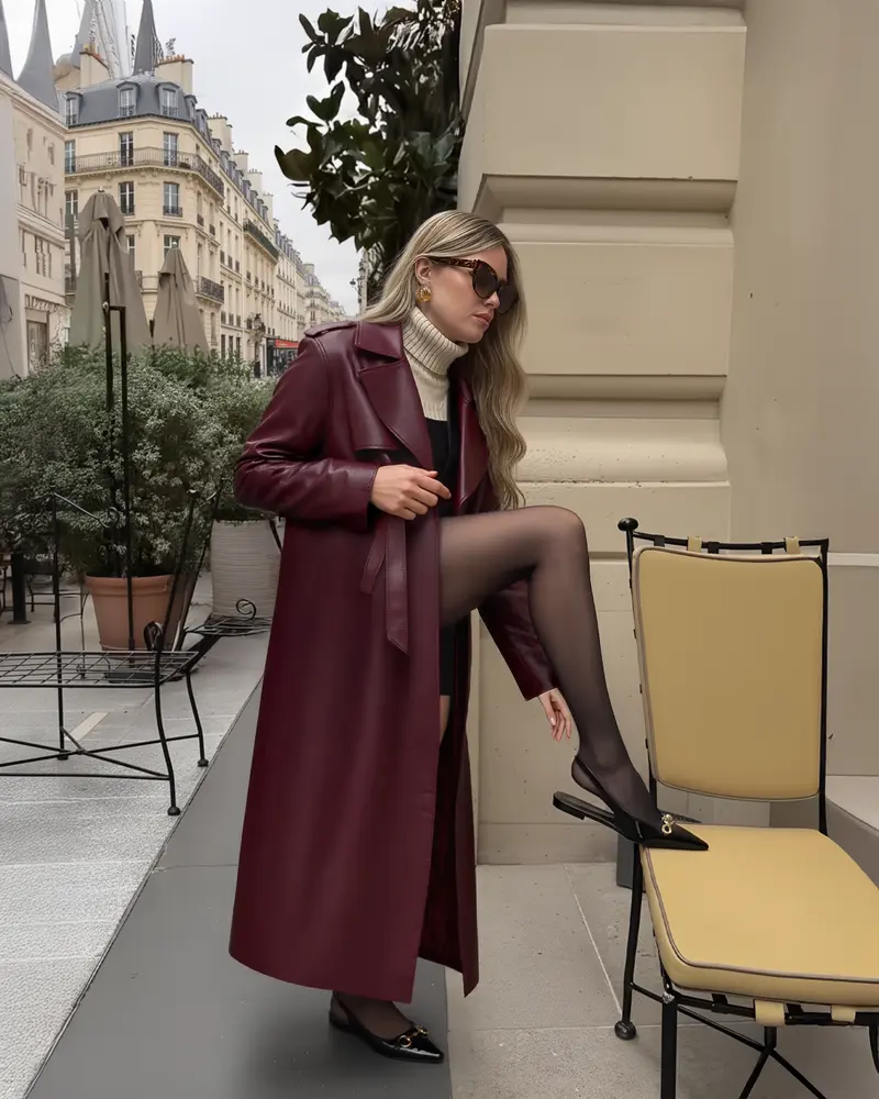 Leather Double-Button Trench Coat in Burgundy