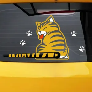 Cute Cat Car Windshield Wiper Sticker Vinyl Art Decal, Universal Funny Cat Waving Tail Rear Window Wiper Sticker Car Decoration Decal, Kitten Auto Body Stickers for Door Laptop(Yellow-Hollow)