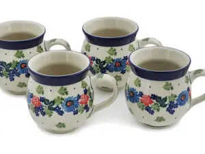 Polish Pottery Set of Four 12 oz Bubble Mugs Countryside Floral Bloom