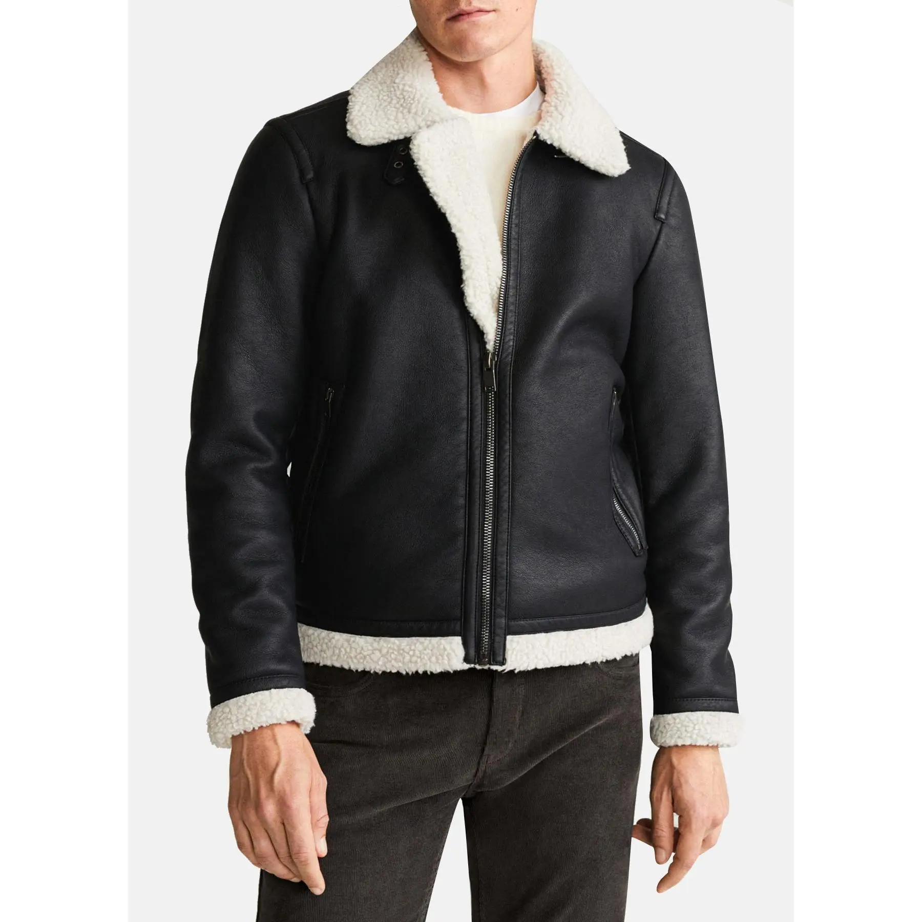Mens Classic Black Shearling Leather Jacket