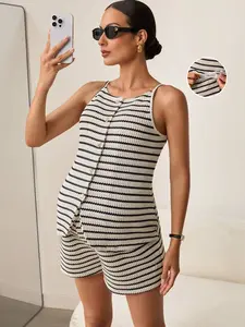 ZENIE Black and White Striped Jacquard Two Piece Set Maternity Work Outfit Commuting Pregnancy Clothes