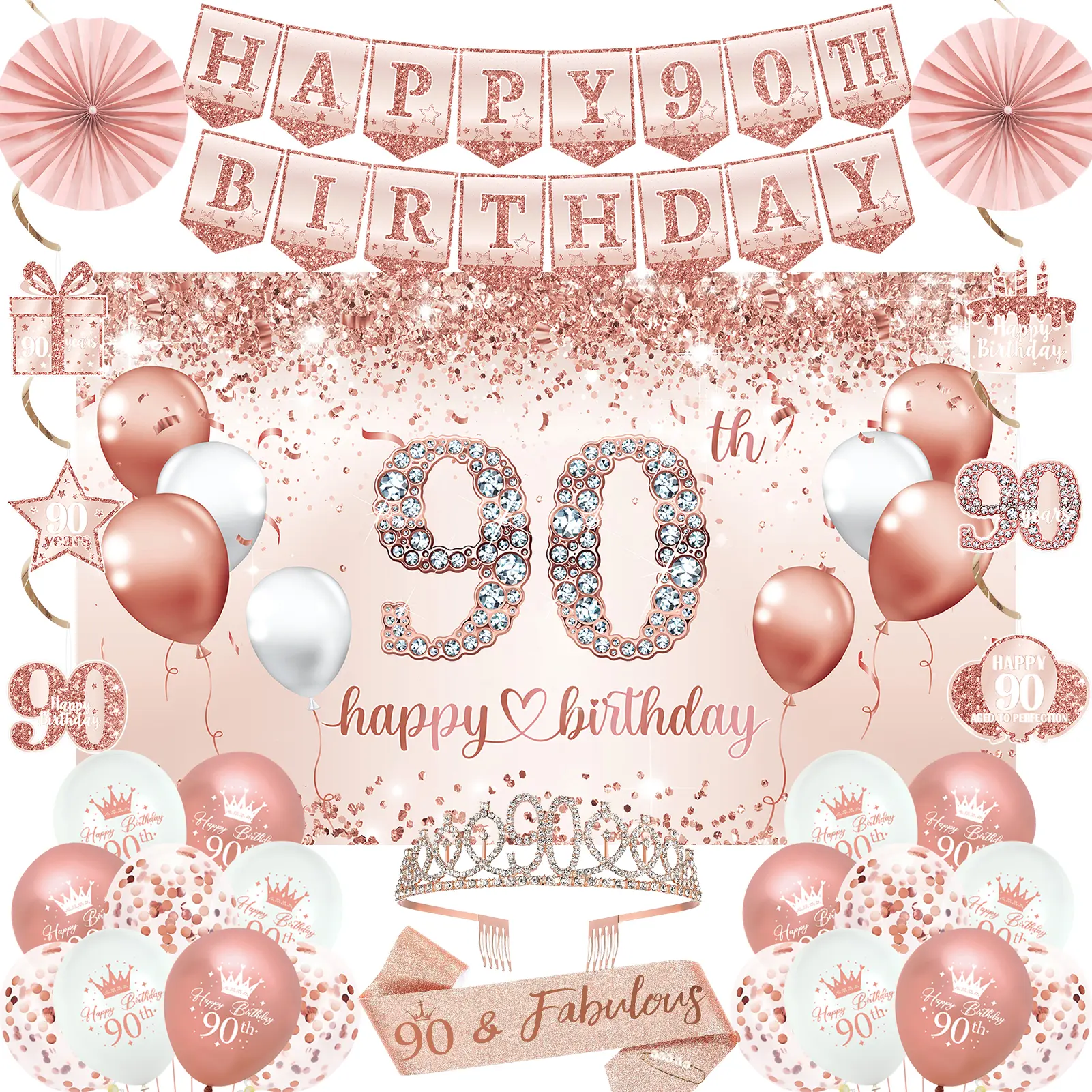 90th Birthday Decorations Set for Women, 30pcs Rose Gold Happy Birthday Party Supplies, 90th Crown and Sash, Banner, Hanging Swirl Flag, Balloons, 90 Year Old Party Decoration Set
