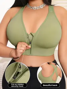 Plus Size 1-4XL Women's Front Zip Backless Sports Bra, Criss Cross Shoulder Straps, Medium Support, Yoga Workout, Casual Daily Wear, Yoga Workout Activewear, Gym Workout Wear