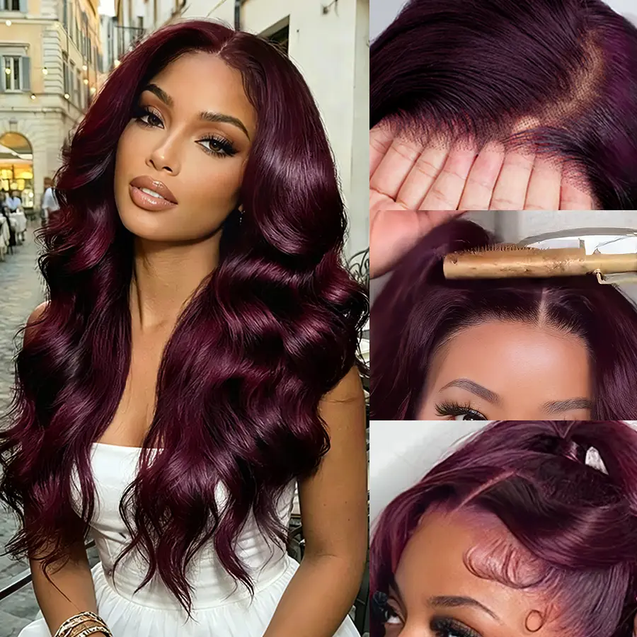 Black Cherry Body Wave Lace Front Wigs Human Hair 13x6 HD Lace Frontal Human Hair Wigs Pre plucked Pre bleached Small Knots With Baby Hair  For Women