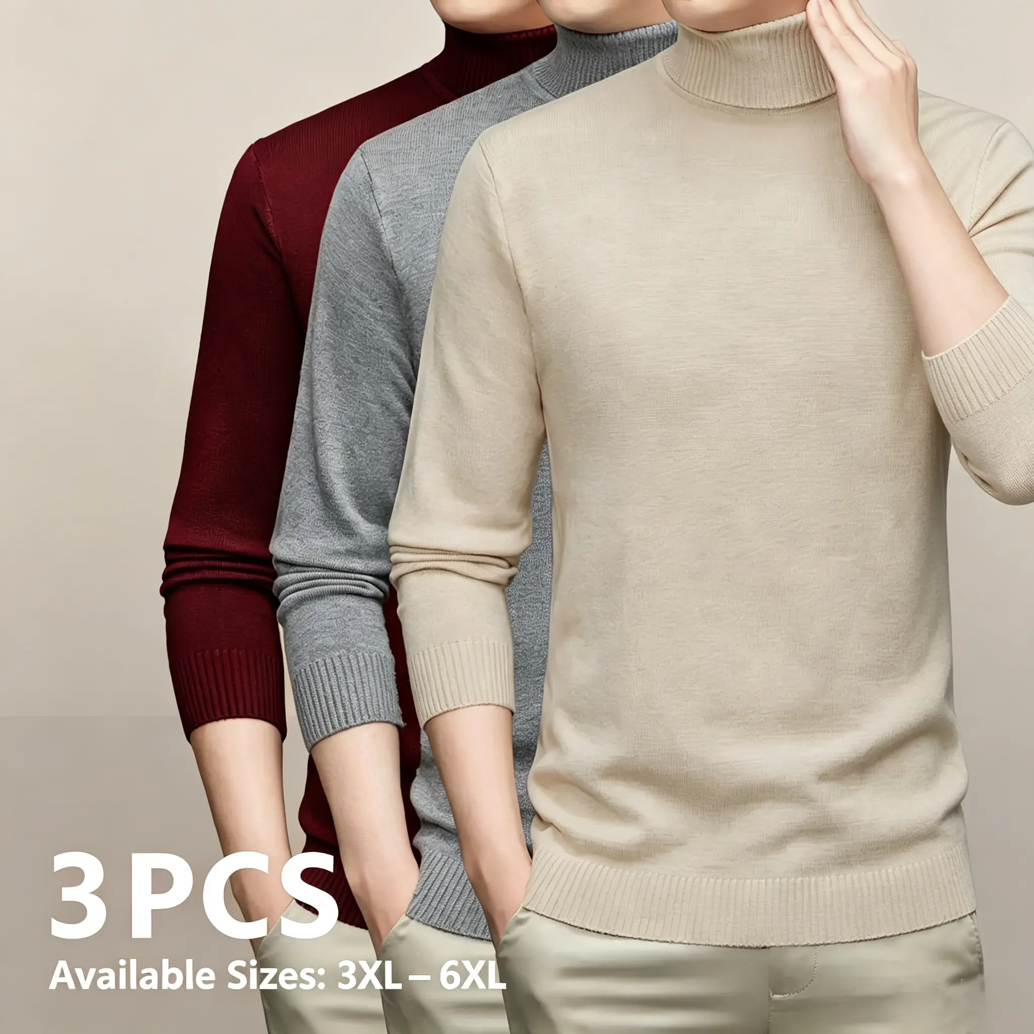 3Pcs Men Plus Size Turtleneck Knit Sweater 3XL 4XL 5XL 6XL, Soft Stretch Long Sleeve Pullover, Men Casual Warm Knitted Jumper 3 Piece Set Autumn Winter