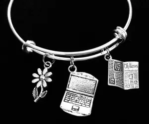 News Paper Reporter Writer Computer, Newspaper and Daisy Charms on a Silver Expandable Adjustable Bangle Bracelet Trendy Stacking Handmade Gift Inspirational Jewelry