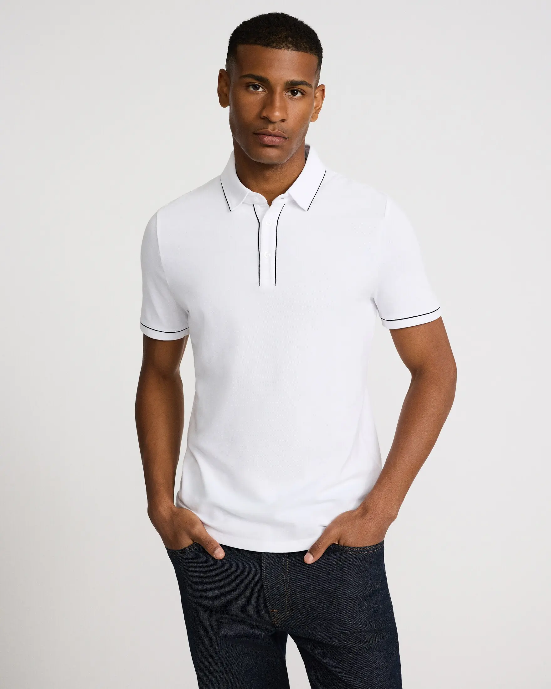 Express Piped Luxe Pique Polo, Jeans, Spandex, Sleeves, Short