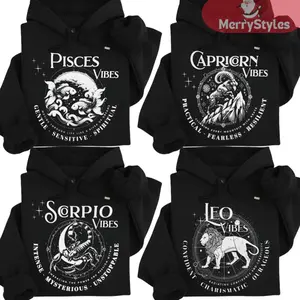 [Full 12 Zodiac] Zodiac Vibes Black Hoodie – Modern zodiac sweatshirt with mascot Graphic Design, Trendy Unisex Pullover, Perfect Gift for Zodiac Lovers
