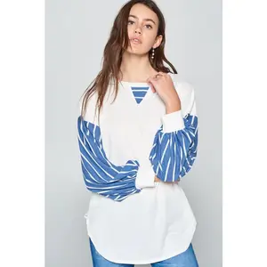 Super Lady Full Size French Terry Striped Long Sleeve Top