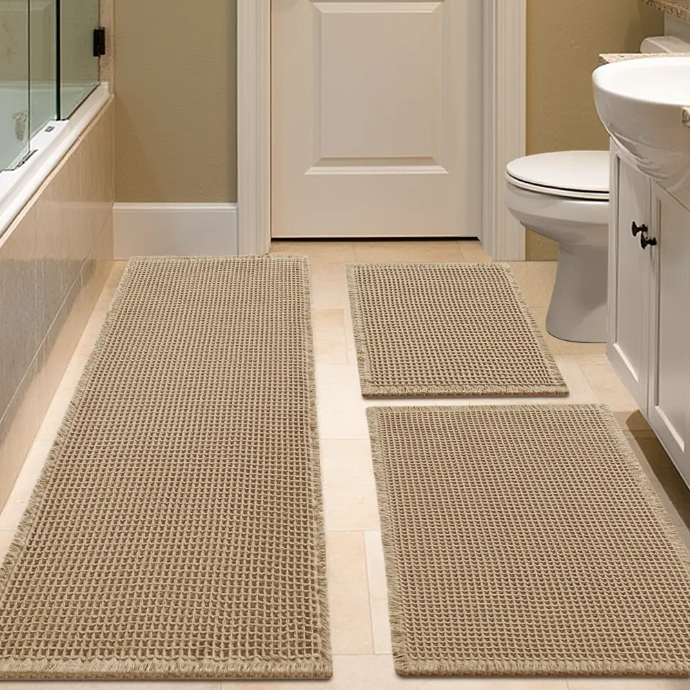 IM HOME Waffle Bath Mat 2 Piece/3 Piece Set, Boho Woven Modern Bath Mat Rugs, Absorbent Bathroom Rugs, Soft Washable Bath Rugs with Tassels for Bathroom, Bedroom, Kitchen, Shower, Tub