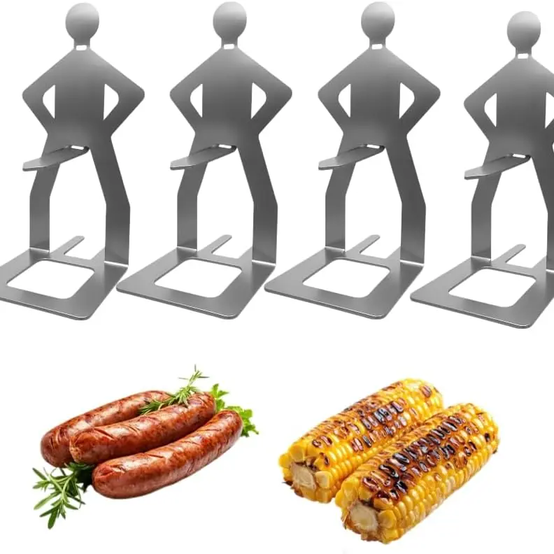 4PCS Funny Design Man-Shaped Hot Dog Holder - Thick Durable Aluminum Iron Barbecue Skewer Rack, Portable Hands-Free Roaster, Kitchenware Utensils, Unique Gifts for Men for BBQ Parties
