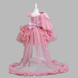 Girls' Princess Tutu Dress with Ruffled Sleeves & Flared Skirt - Soft Viscose-Polyester Blend, Pink Party Dress for Birthdays, Weddings, Special Occasions - Hand Wash Only, Princess Dress