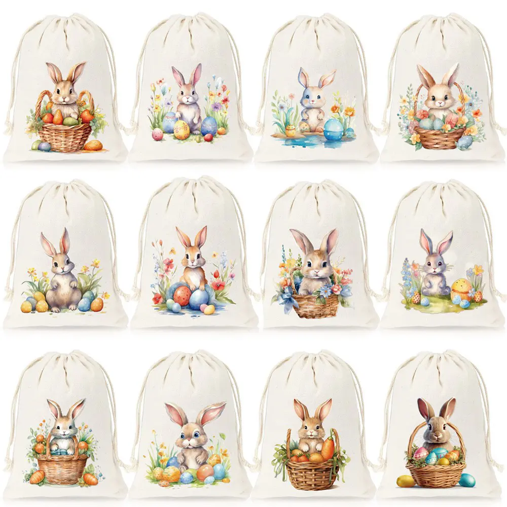 Easter cotton drawstring gift bag with bunny ears, Easter egg and candy bag, Happy Easter drawstring bag, DIY Toy