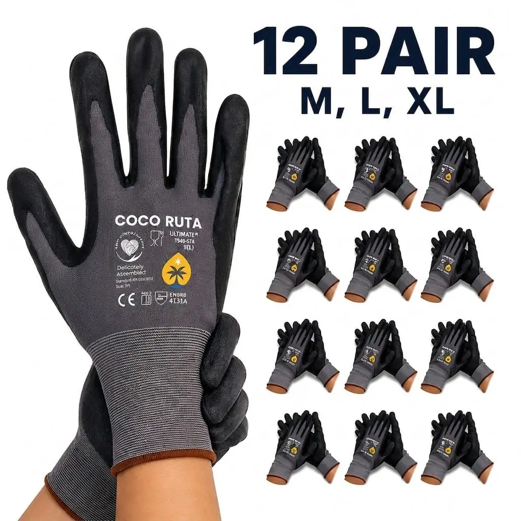 12 Pairs COCO RUTA Gloves 34- 874 Safety Gloves | Guantes Para Trabajo - COCO Gloves For Men Nitrile Micro Foam Grip Palm Comfortable Fit Construction Gear