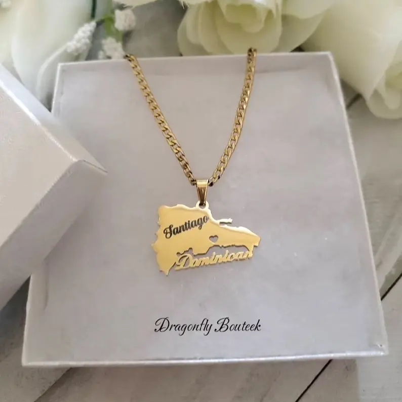Gold Dominican Republic Necklace, Engravable,Message seller for name non tarnish