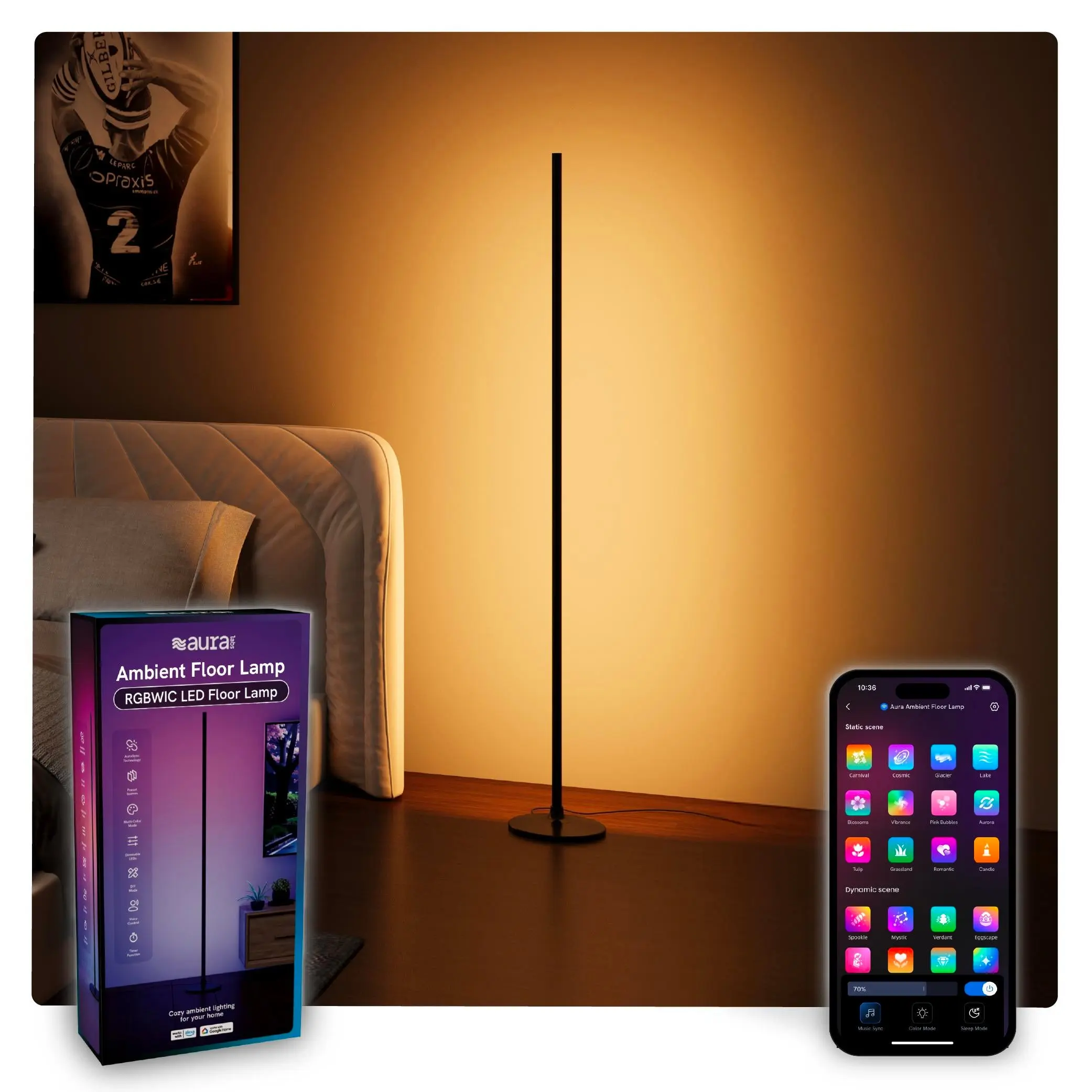 Aura Ambient Floor Lamp - RGBWIC LED Corner Lamp with Smart App & Voice Control, Polished Metal Modern Look, 1000 Lumens, 4B Colors, CRI90+ True Color, 12V DC, Attached Button, Home Decor LED Lights for Adults 12+, Bedroom/Living Room (1 Pack)
