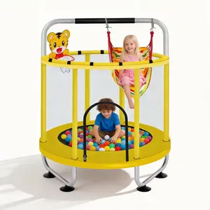 55 Inch Kids Trampoline with Safety Enclosure Net Adjustable Gymnastics Bar and Basketball Hoop 440lbs Capacity Indoor Outdoor Toddler Trampoline for Boys and Girls Gift