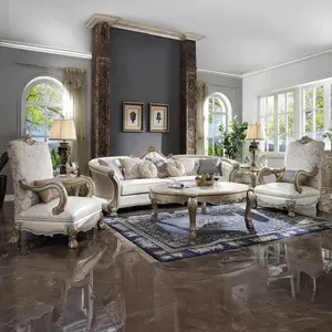 Acme 54875 Astoria Grand Makenzie Dresden II Gold Patina Finish Wood Carved Accents 113" Sofa Modern Comfy Couch with Luxurious Appearance and Comfortable Seating