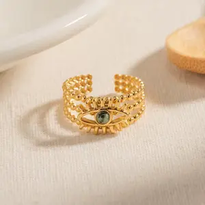 Multi Layers Devil's Eye African Pine Open Ring 18K PVD Gold Plated Stainless Steel Beads Ring For Women