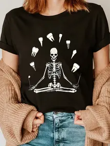 100% Cotton Unisex Funny Skeleton Yoga Dental Hygienist Tooth Dentist Halloween T-Shirt
