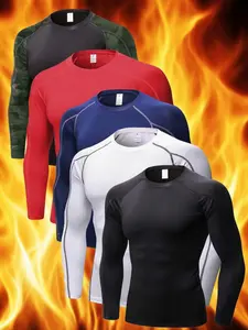 5 Pack Men's Solid Round Neck Long Sleeve Sports Tee, Thermal Underwear Tops for Winter, Men's Sportswear for Gym Workout Running