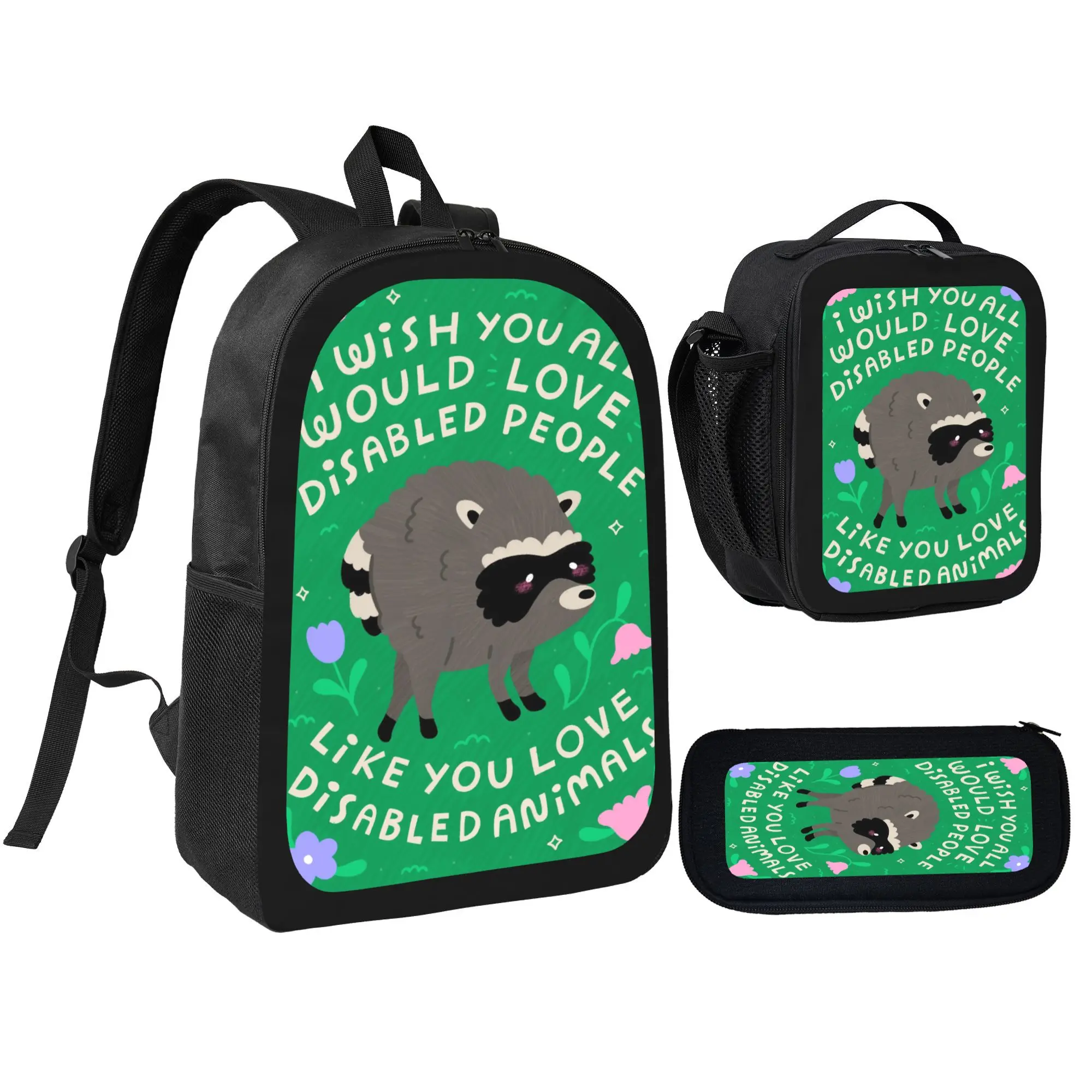 Jimothy the Raccoon 3-in-1 Animal Theme Backpack Set - Lightweight Gym Daypack with Insulated Lunch Box, Pencil Case for Middle/High School Use (Raccoon Art Design)