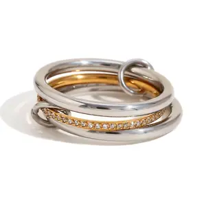 Zircon Crystal Lined Center Two Tone Triple Layer Connected Rings - 18k Gold Plated Stainless Steel