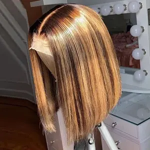 Glueless Bob Wig Human Hair P4/27 Honey Golden Brown 6x4 Transparent Lace Closure Wigs Short Bob Straight Lace Closure Wigs for Black Women Human Hair Pre Plucked Glueless Wigs 180% Density Ombre Highlight 4/27