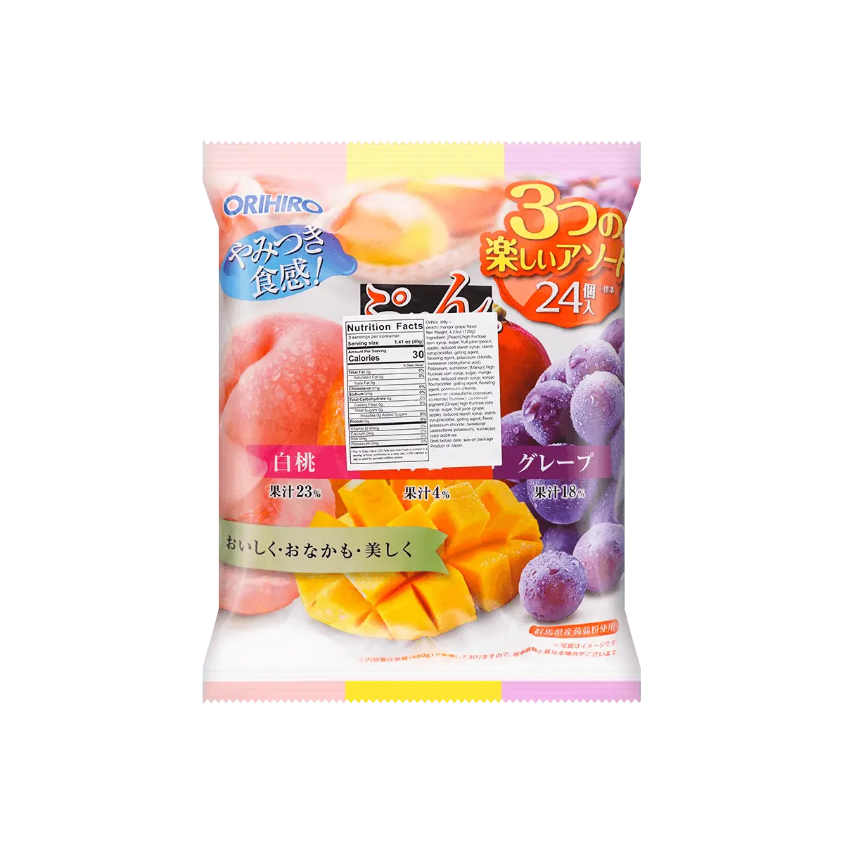 ORIHIRO 0 Fat Low Calorie Konjac Fruit Jelly - Mixed Flavors (Peach, Mango, Grape) - 24 Pack (20g Each)