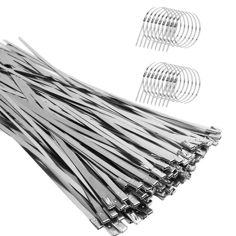 Metal Zip Ties (100 Pack, 11.8 Inches), 304 Stainless Steel, Heavy-Duty Self-Locking Cable Ties, Suitable for Exhaust Wraps, Chain Link Fencing, Wire