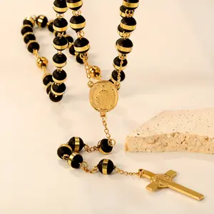 A vintage portrait black bead cross stainless steel pendant necklace, a classic retro accessory for everyday fashion, suitable for both men and women chain