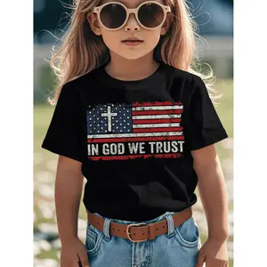 Patriotic T-Shirt for Kids Faith In God Vintage American Flag Cross Patriotic Christian Funny Graphic Kids T-Shirt Fashion Trendy Children Tops