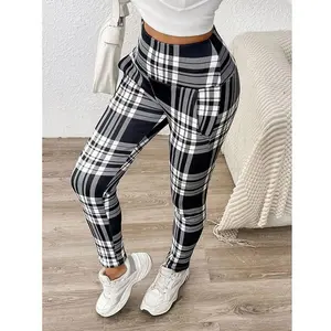 Tight Elastic Sports Fitness Leggings Women Vintage Plaid Printed with Pockets Fleece Leggings Thicken Fall Winter Thermal Pants