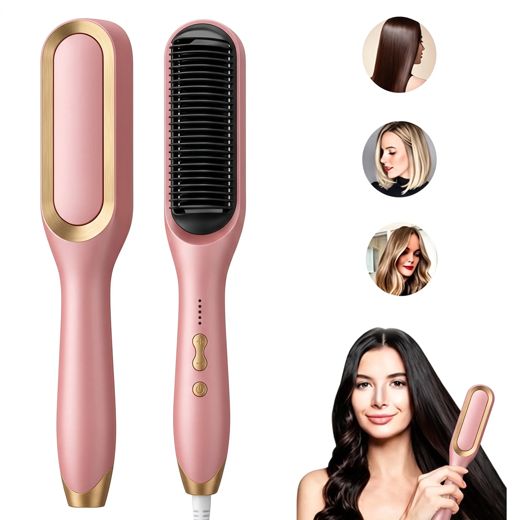 Portable Ionic Heated Hair Straightener Comb 30s Quick Heat Anti-Frizz Styling Brush with Bonus Hair Clips and Tail Comb for Home Travel Dating Hairstyle
