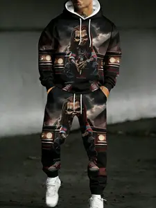 2-piece set of Halloween themed casual sportswear suitable for men, made of elastic knitted fabric, fully printed design, with long sleeved hoodie and sweatpants, suitable for daily outdoor exercise, street hip-hop style