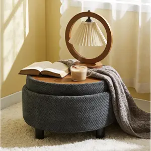 Aobtkel®25Inch Round Storage Ottoman with Tray, ModernTufted Fabric Circle Coffee Table with Storage, Upholstered Ottoman with Removable Top for Living Room, Bedroom,Dark Grey#Summervibes