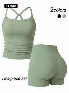 Women's Fashion Basic Sports Set, Detachable Padding Thin Strap Tank Top + High Waist Peach Hip Shorts, Skin-Friendly Fabric, Running Gym Yoga