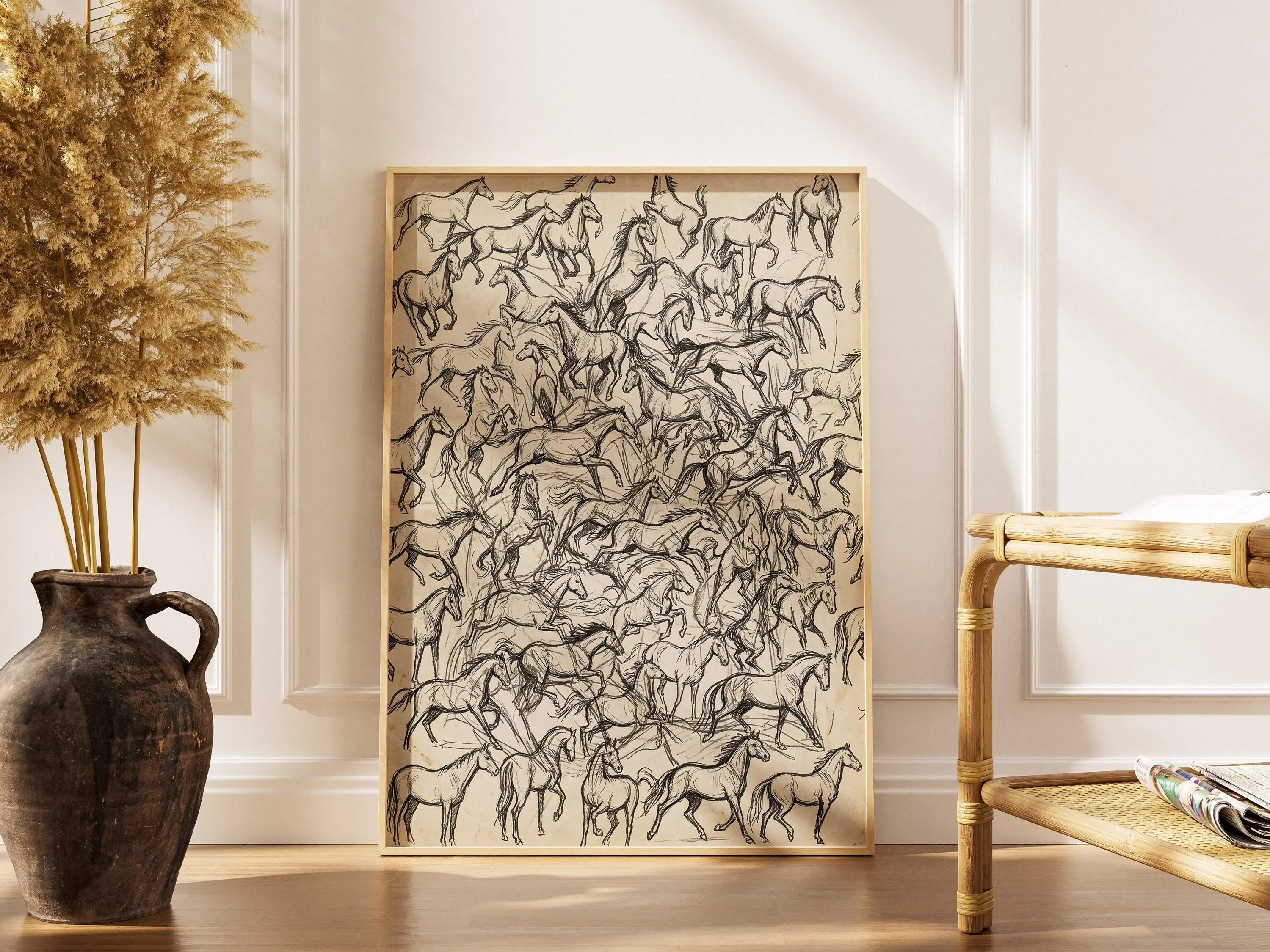 [SALE UP TO 40%] [Unframed] Wild Horses Sketch Print, Equestrian Wall Art, Vintage Horse Drawing Poster, Minimalist Country Decor, Horse Lover Gift
