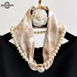 Women's Classic Elegant Magnetic Buckle Pearl Necklace with Long Silk Scarf, Neck Protection Fashion Accessory for Daily Wear & Shirt Outfits, Accessories for Women