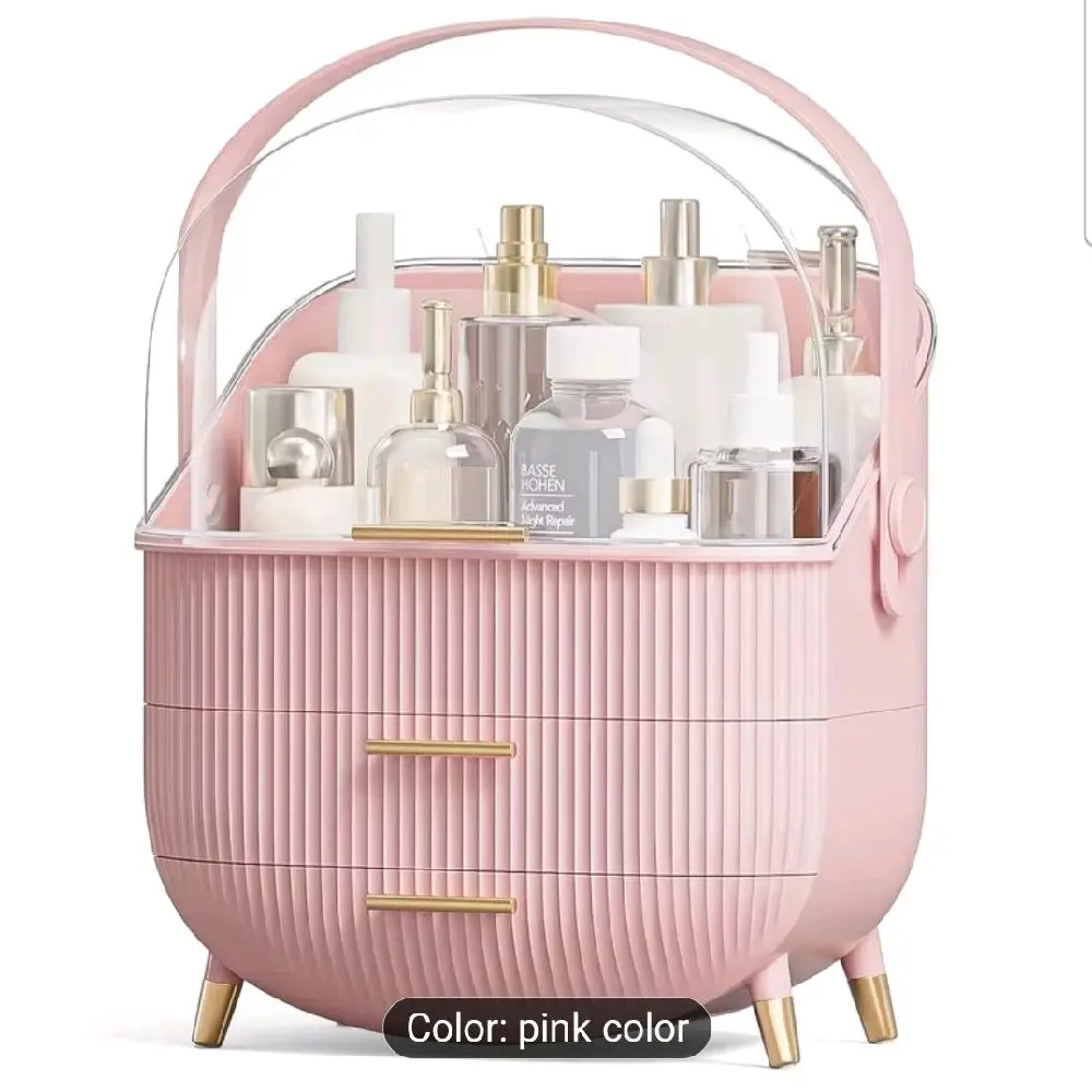 Vanity Makeup Storage Box in Pink Color with 3 Drawers and Gold Handles for Organized Beauty Essentials