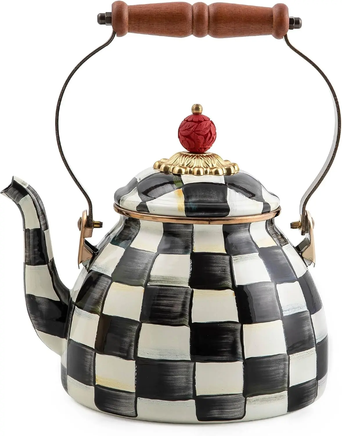 MACKENZIEE CHILLS Tea Kettle, Enamel Stovetop Tea Kettle with Hand Painted Check Pattern for Kitchen Décor, Tea Lovers and Gifts