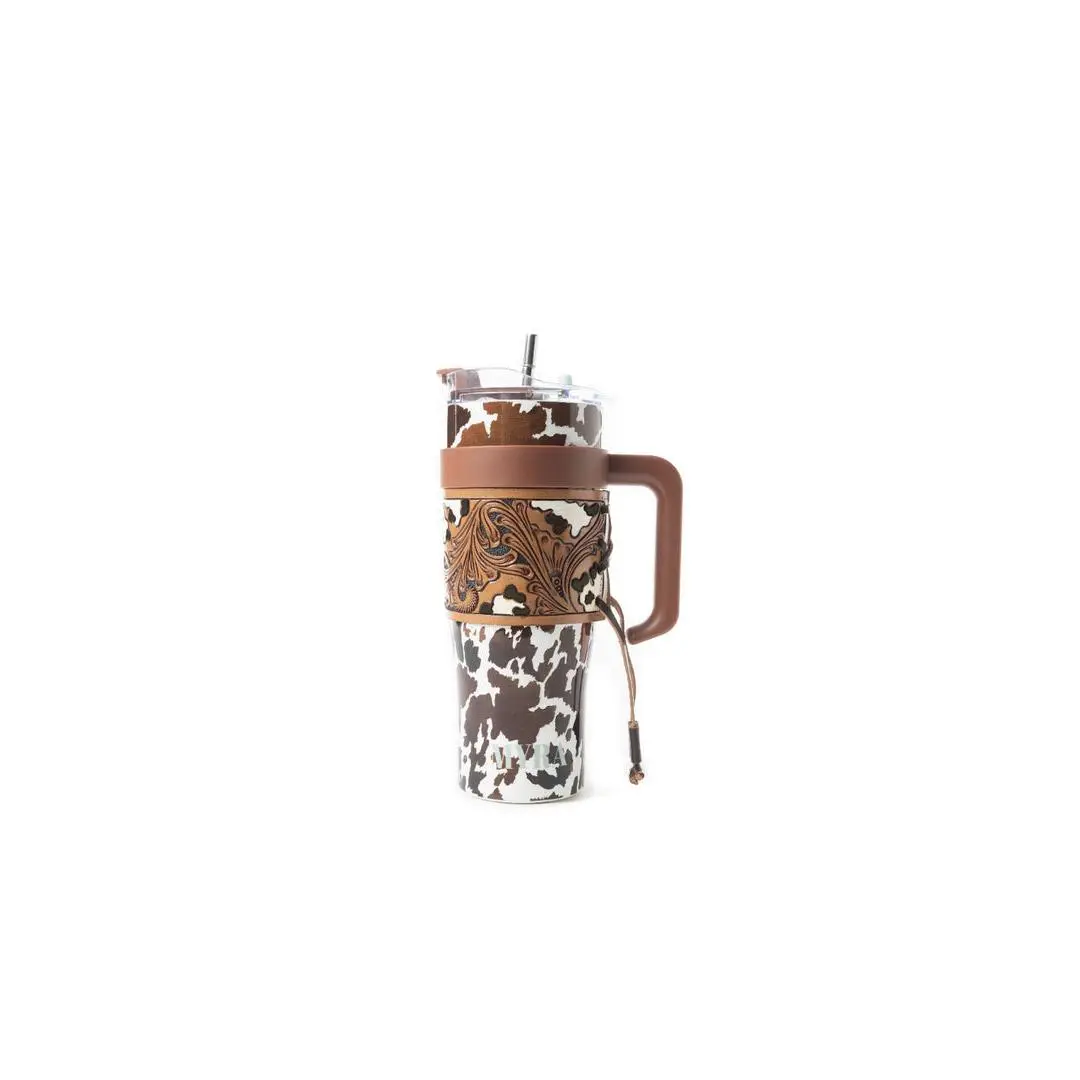 Western Animal-Themed Stylish Brown and White Wide Wyoming Leather-Wrapped Stainless Steel Beverage Vacuum Flask, Tumbler with Secure Lid, Animals
