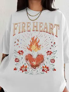 Women's Fire Heart Print Round Neck Graphic Tee, Bold Statement Tee, Vintage Trendy Casual Flower & Figure Print Short Sleeve T-shirt for Daily Wear, Ladies Summer Outfit, Top, Streetwear
