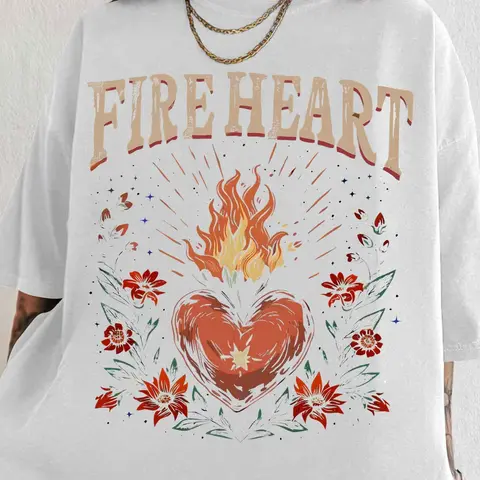 Women's Fire Heart Print Round Neck Graphic Tee, Bold Statement Tee, Vintage Trendy Casual Flower & Figure Print Short Sleeve T-shirt for Daily Wear, Ladies Summer Outfit, Top, Streetwear