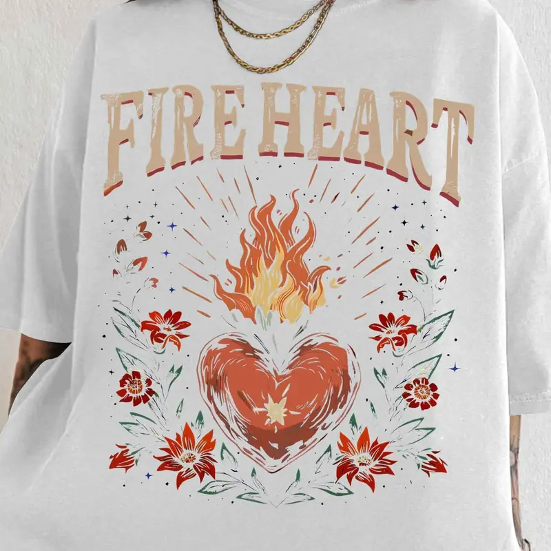 Women's Fire Heart Print Round Neck Graphic Tee, Bold Statement Tee, Vintage Trendy Casual Flower & Figure Print Short Sleeve T-shirt for Daily Wear, Ladies Summer Outfit, Top, Streetwear