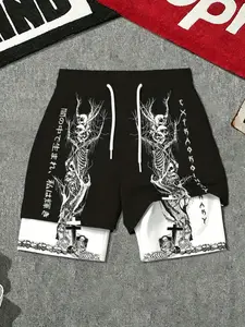 Men's Skull Flame Pattern Two-In-One Dual-Layer Workout Shorts, Comfortable Fabric, Quick-Dry Breathable, Sporty Loose-Fit, All Seasons