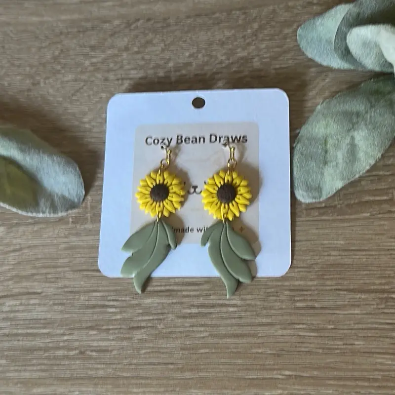 Cozy Bean Draws Cottagecore Sunflower Earrings Handmade Polymer Clay Hypoallergenic Hooks Lightweight Daily Wear Nature Lovers Gift
