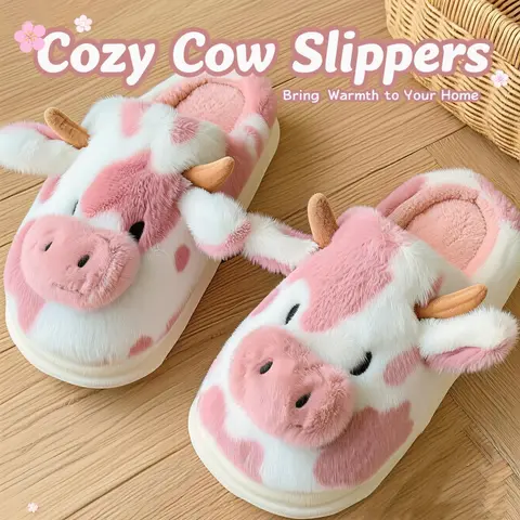 Women's Cute Cartoon Cow Face Slip-On House Slippers - Non-Slip Rubber Sole, Warmth, Fuzzy, Flat Heels, Indoor Casual Footwear for Autumn Winter